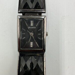 3/$30 Valetta Watch Women Black Faceted Crystal Rectangle New Battery 7.25"